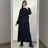 IFOMT Autumn Lace Up Maxi Dress Women's Fashion Slim O Neck Long Sleeve A Line Hem Dress Casual Loose Commuting Elegant Dress