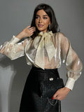 IFOMT Women Blouses Shirts 2024 Summer Chiffon See Throught Office Ladies Blouse Fashion Puff Sleeve Lace Up Shirts Tops BlackChristmas Gifts