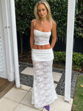 Ifomt Sexy Backless Hollow Out Camisole Top Suits White Lace High Waist Slim Fit Transparent Long Skirts Set Summer Casual Party Sets