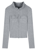 IFOMT Women T-shirt Spring Autumn Clothes Ribbed Knitted Long Sleeve Short Tops Zipper Design Tee Sexy Female Slim Tops