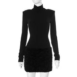 IFOMT Turtleneck Long Sleeve Furry Mini Dress Female High Waist Splice Elegant Holiday Party Dress Ladies Slim Outfits 2025 NewChristmas Gifts