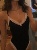 IFOMT Spring Outfits Contrast Lace Trim Bow Sleeveless V Neck Skinny Sweet Sexy Black Bodysuit Women Cute Kawaii 2000s Clothes