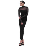 IFOMT Outfit Mesh See Through Sheath Women Dress Long Sleeve Sexy Club High Collar Streetwear Fashion Bodycon Female Vestidos