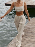 IFOMT Wide Leg Pants Sets For Women 2023 Sleeveless Backless Crop Tops Ladies Loose Casual Trouser Suirt Womens Outfits Summer