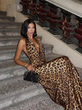 Ifomt Sexy Leopard Printed Halter V-neck Women's Long Dress Fashion Backless Sleeveless Evening Gowns Summer New Fashion Party Dresses