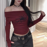 IFOMT Gothic Print Grunge T Shirt Women Long Sleeve Off Shoulder Y2k Vintage Tops Streetwear Korean Style Crop Top Autumn Winter