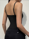 IFOMT Spring Outfits Sweetown Sleeveless Skinny Shirring Skinny Sexy Spaghetti Strap Bodysuit For Women Black Solid Simple Basic Vacation Camisole