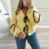 IFOMT Outfit Retro Knitted Leopard Lace Up Sweater Women Casual Loose Hollow Out Printed Love Cardigan Sweaters Female Autumn Chic Tops