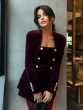 IFOMT Party Otufit Elegant  Burgundy Velvet 3 Piece Set Women V Neck Vest Square Neck Long Sleeve Jacket Shorts Suit Lady 2025 Spring Chic Outfits