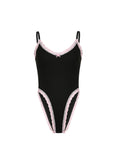 IFOMT Spring Outfits Contrast Lace Trim Bow Sleeveless V Neck Skinny Sweet Sexy Black Bodysuit Women Cute Kawaii 2000s Clothes