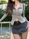 IFOMT Women T-shirt Spring Autumn Clothes Ribbed Knitted Long Sleeve Short Tops Zipper Design Tee Sexy Female Slim Tops