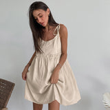 IFOMT Fashion Vacation Loose Cotton Linen Slip Dress For Women Lace Up Splice Hot Girl Sexy Dress Party Spaghetti Strap Dress