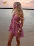 Ifomt Sweet Pink Women's Elegant Dress Chic 3d Flower Ruffles Hem Backless A-line Halter Vestidos Summer Lady Covation Beach Dresses