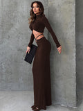 IFOMT Fall New Skirts Suit Solid Color Long Sleeve Crop Top Twist Ruched Slim Lace Up Sexy Navel Exposed Skirt Matching Sets