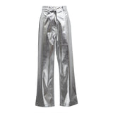 IFOMT Silver PU Pants Women 2023 Fashion High Waist Loose Wide Leg Pants Girls Clubwear Party Streetwear Femme Long Pant Autumn