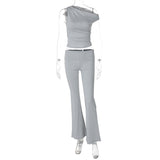 IFOMT Outfits Asymmetrical Sleeveless Crop Top Long Flare Pants Women'S Sets Y2K Streetwear Sportsuits Fashion Summer Casual Clothing