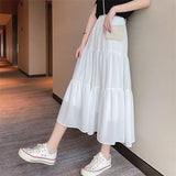 IFOMT Summer Women Chiffon Skirts Vintage High Waist Elastic Patchwork White Black Chic Mid Length Cake A-line Skirt for Student