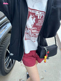 Ifomt Retro 77 Letter Print Short Sleeve Tees T-shirts And Red Plaid Shorts Two Piece For Women Casual Y2K Tops Pant Chic Summer Suit