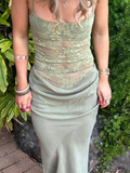 Ifomt Lady Elegant Party Dress 2025 Chic Patchwork Lace Pleated Sling Long Dress Women Sexy See Through Summer New Club Green Dresses