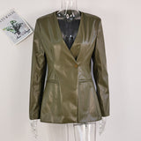 IFOMT Outfit Vintage PU Leather V-neck Jacket Women Elegant Solid Single Button Slim Fit Suit Jackets Female Spring Versatile Chic Streetwear