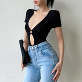 Ifomt Sexy Hollow Out Bodysuit Y2K Clothing Short Sleeves Bodycon T-shirt Women Summer Streetwear Slim Bodice Bodysuits Black Spring Style 2025