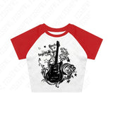 Ifomt Fashion Y2K Fake Two Guitar Print Punk T-shirts Women Slim Goth Street Retro black Tops Dark crop Tops Sexy Clothing 2000s Tops Casual Outfit