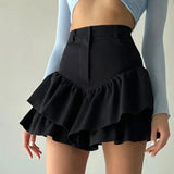 IFOMT Ruffles Slim Shorts Skirts Women Black Temperament High Waist Skirt Femme Street Casual Folds Splice Elegant Skirt LadiesChristmas Gifts