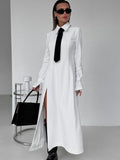 IFOMT Side Slit Long Dress For Women White Elegant Turn Collar Tie Midi Dresses Femme 2024 New Street Loose Slender Dress Woman