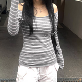 IFOMT Basic Slim Long Sleeve Stripe Tee Shirt Sexy Off Shoulder Korean Street Style Autumn Y2K Gray T Shirt Women Fashion Clothing
