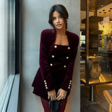 IFOMT Party Otufit Elegant  Burgundy Velvet 3 Piece Set Women V Neck Vest Square Neck Long Sleeve Jacket Shorts Suit Lady 2025 Spring Chic Outfits