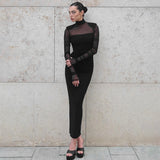 IFOMT Outfit Mesh See Through Sheath Women Dress Long Sleeve Sexy Club High Collar Streetwear Fashion Bodycon Female Vestidos