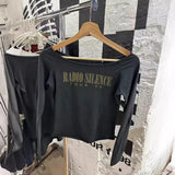 Ifomt Spring Summer Radio Letter Printing Women T-shirts Curling Solid Retro Summer Tshirt Versatile Streetwear Long Sleeve Crop Top