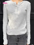 Ifomt Waffle Long Sleeve Women T-shirts Round Neck Five Button Gray Y2K Top Woman Cotton Blend Solid Color Basic Casual Female Tees