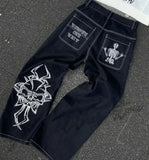 Ifomt American Y2K New Fashion Pattern Embroidery Loose Jeans Men Street Casual Joker Mopping Oversized Wide-leg Pants Couple Jeans Casual Outfit