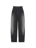 IFOMT Washed Contrast Waist Pleated Relaxed Leg Boyfriend Jeans