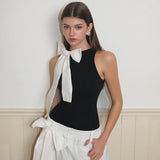IFOMT Outfit Fashion Slim Fit Bodysuits Sleeveless Half High Neck One Line Shoulder Bow Pullover Sexy Versatile Bodysuit For Women