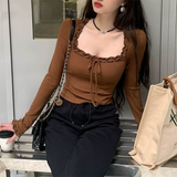 IFOMT Square Neck Pleated Sexy Tops Casual  Autumn Slim Long Sleeved T-shirt for Women's Ins Fashion Crop Top