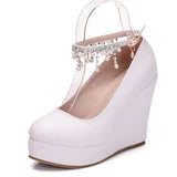 IFOMT  Crystal Queen White Wedges Wedding Pumps Sweet White Flower Lace Pearl Platform Pump Shoes Classic Bride Dress High Heeled Lady