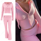 IFOMT Women Spring Outfits Casual Zipper Sweater Hoodie Set High Waist Flare Pants Suits Pink Knitted Womens Y2k Two Piece SetChristmas Gifts