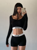 IFOMT Outfit  Letter Print Long Sleeve High Waist Top Short Pants Women'S Sets Yoga Gym Sportsuits Leggings Casual Clothing