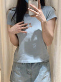 Ifomt Litter deer embroidery cute slim summer t-shirts casual chic light blue tight sweetshort sleeve tee round neck Y2K tops 2025 new