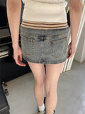 Ifomt Vintage Denim Mini Cargo Skirts Women New Casual Slim Sexy Low Rise Drawstring Skirt American Retro Sweet Preppy Style Y2K Falda