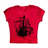 Ifomt Fashion Y2K Fake Two Guitar Print Punk T-shirts Women Slim Goth Street Retro black Tops Dark crop Tops Sexy Clothing 2000s Tops Casual Outfit
