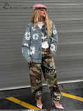 Ifomt Y2k Flower Print Denim Pants Set Women Lapel Button Pocket Coat Zippers Slim Trousers 2025 Spring Fashion Lady 2 Pieces Outfits