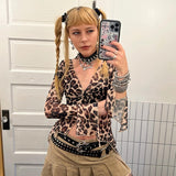 IFOMT Outfit Sexy Leopard Irregular Long-Sleeved Crop Top Tie V-Neck Graphic Print Ins Hottie Girl T-Shirt Y2K Autumn NewStreet