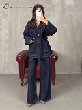 Ifomt Street Belt Denim Jacket Pants Set Women V-neck Single Breasted Pockets Coat Straight Wide Leg Jean 2025 Spring Retro Lady Suits