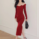 IFOMT Women 2024 Autumn Winter Elegant Dress Party Evening Clothing Metal Sling Bodycon Long Sleeves Midi Dress For Office Lady