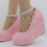 IFOMT  Crystal Queen White Wedges Wedding Pumps Sweet White Flower Lace Pearl Platform Pump Shoes Classic Bride Dress High Heeled Lady
