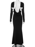 IFOMT Elegant Backless Bows Maxi Dress Female Chic Bodycon Long Sleeve Club Party Outfits Fashion Black Dresses Vestido Ladies