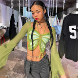 IFOMT Outfits Halter Butterfly Print Long Sleeve High Waist Crop Top Tshirts Summer Y2K Streetwear Fashion Casual Clothes